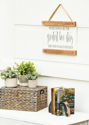 Farmhouse Decorating Ideas - Love Story Wood Hanging Sign - First Anniversary Gift