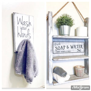 Rustic Wash Your Hands Wood Sign, Wooden Wash Your Hands Hook Sign, Whitewashed Wooden Sign with Hooks, Farmhouse Bathroom Wall Décor Hook